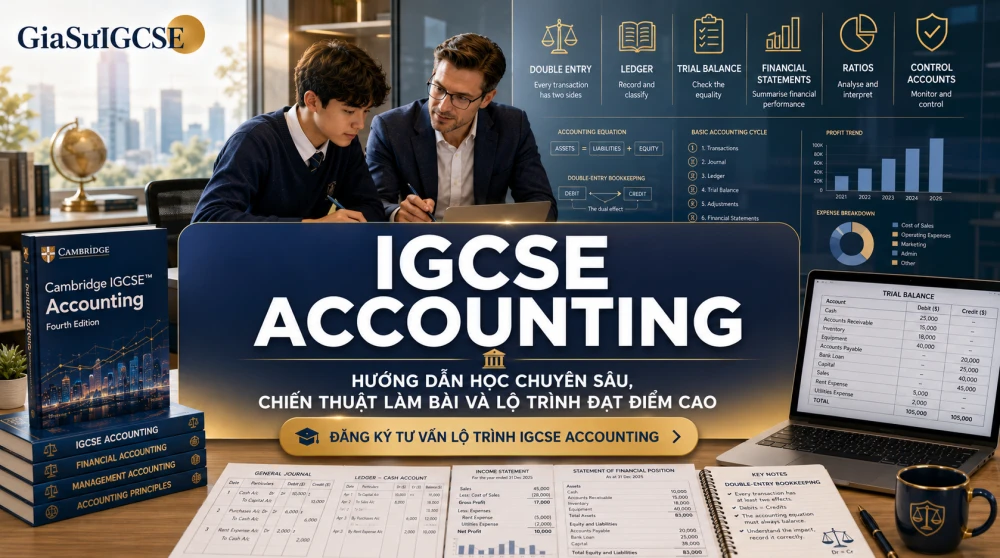 IGCSE Accounting là môn học quan trọng trong Cambridge IGCSE, giúp học sinh hiểu nguyên lý kế toán, cách ghi chép giao dịch, lập báo cáo tài chính và diễn giải thông tin tài chính trong bối cảnh kinh doanh thực tế. Để đạt điểm cao, học sinh không chỉ cần tính toán chính xác mà còn phải nắm vững logic Double-entry bookkeeping, phân loại tài khoản, trình bày báo cáo đúng chuẩn và biết giải thích ý nghĩa của số liệu. Bài viết này sẽ giúp học sinh quốc tế hiểu đúng bản chất môn học, xây dựng lộ trình ôn tập hiệu quả và nắm chiến thuật làm bài để tối ưu điểm số trong IGCSE Accounting.