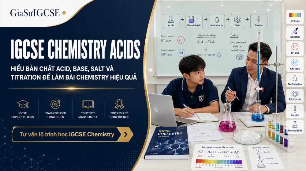 IGCSE Chemistry Acids là phần kiến thức trọng tâm trong Cambridge IGCSE Chemistry 0620, giúp học sinh hiểu bản chất của acids, bases, alkalis, neutralisation và salts thay vì chỉ học thuộc pH hay màu chỉ thị. Để học đúng trọng tâm syllabus 2026–2028, học sinh cần nắm acid là chất tạo ion H⁺ trong dung dịch nước, base là chất phản ứng với acid tạo muối và nước, còn alkali là base tan trong nước. Với cách tiếp cận bài bản, GIASUIGCSE giúp học sinh hệ thống hóa kiến thức acids–bases–salts, phân biệt acid mạnh và acid đậm đặc, hiểu quy trình điều chế muối, titration và practical skills để làm bài IGCSE Chemistry hiệu quả hơn.
