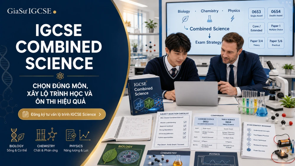 IGCSE Combined Science là lựa chọn phù hợp cho học sinh muốn xây nền tảng khoa học cân bằng ở cả Biology, Chemistry và Physics trong cùng một chương trình IGCSE. Tuy nhiên, đây không chỉ là môn “nhẹ hơn” so với học từng môn khoa học riêng lẻ, mà là một lựa chọn cần được cân nhắc theo năng lực hiện tại, mục tiêu điểm số, định hướng A-Level/IB và kế hoạch du học dài hạn. Bài viết này sẽ giúp phụ huynh và học sinh hiểu rõ IGCSE Combined Science, phân biệt với Co-ordinated Sciences và Triple Science, từ đó chọn đúng lộ trình học, xây chiến thuật ôn thi hiệu quả và tối ưu kết quả học thuật.