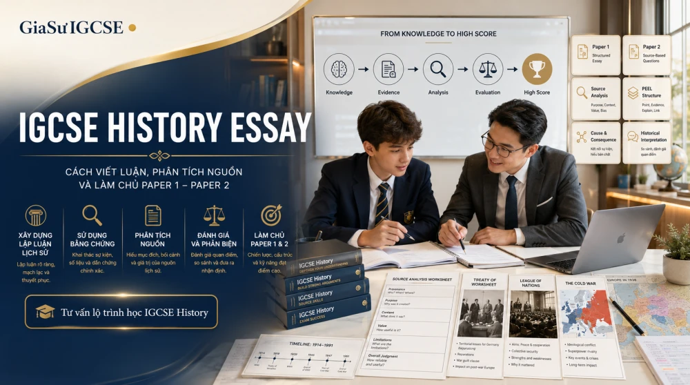 IGCSE History Essay không chỉ yêu cầu học sinh ghi nhớ sự kiện lịch sử, mà còn đòi hỏi khả năng phân tích nguyên nhân – hệ quả, sử dụng bằng chứng, đánh giá nguồn tư liệu và xây dựng lập luận chặt chẽ. Với cấu trúc Cambridge IGCSE History 0470 gồm Paper 1, Paper 2 và Paper 4/Coursework, học sinh cần nắm rõ chiến thuật làm bài cho từng dạng câu hỏi để tránh lỗi kể lại kiến thức, trả lời lệch trọng tâm hoặc thiếu phân tích. Bài viết này sẽ hướng dẫn cách viết luận History IGCSE chuyên sâu, cách xử lý source analysis trong Paper 2, kỹ thuật evaluation và phương pháp nâng câu trả lời từ mức mô tả lên mức đạt điểm cao.