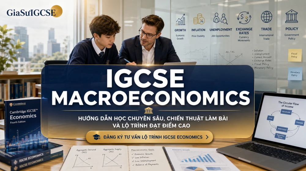 IGCSE Macroeconomics là phần học quan trọng trong Cambridge IGCSE Economics 0455, giúp học sinh hiểu cách nền kinh tế vận hành thông qua các chủ đề như tăng trưởng kinh tế, lạm phát, thất nghiệp, tỷ giá, thương mại quốc tế và chính sách chính phủ. Tuy nhiên, để đạt điểm cao, học sinh không chỉ cần ghi nhớ định nghĩa mà còn phải biết liên kết các mục tiêu kinh tế vĩ mô, phân tích nguyên nhân – hệ quả và vận dụng kiến thức vào bài thi. Bài viết này sẽ giúp học sinh quốc tế xây dựng nền tảng Macroeconomics vững chắc, nắm chiến thuật làm bài và thiết kế lộ trình học hiệu quả cho kỳ thi IGCSE Economics.