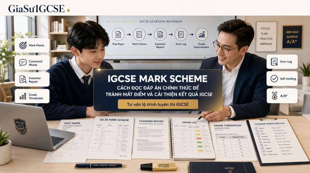 IGCSE Mark Scheme là tài liệu chấm điểm chính thức giúp học sinh hiểu giám khảo Cambridge phân bổ điểm như thế nào, câu trả lời cần đáp ứng tiêu chí gì và vì sao một bài làm “đúng ý” vẫn có thể chưa đạt điểm tối đa. Không chỉ là đáp án, IGCSE Mark Scheme cần được đọc cùng past paper, examiner report và grade thresholds để học sinh biết cách viết đúng trọng tâm, tránh lỗi mất điểm thường gặp và biến kiến thức đã học thành điểm số thật trong kỳ thi.