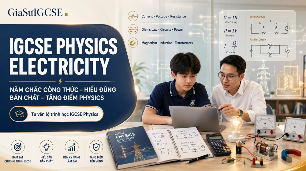 IGCSE Physics Electricity là một trong những chủ đề trọng tâm trong Cambridge IGCSE Physics 0625, bao gồm dòng điện, hiệu điện thế, điện trở, định luật Ohm, công suất điện, mạch nối tiếp – song song và các ứng dụng liên quan đến từ học. Tuy nhiên, để đạt điểm cao, học sinh không chỉ cần thuộc công thức mà còn phải hiểu bản chất vật lý phía sau từng hiện tượng, biết chọn đúng công thức, dùng đúng đơn vị và giải thích được cách điện học xuất hiện trong các thiết bị thực tế. Bài viết này sẽ giúp học sinh hệ thống lại kiến thức IGCSE Physics Electricity một cách ngắn gọn, dễ hiểu và bám sát định hướng thi Cambridge 2026–2028.