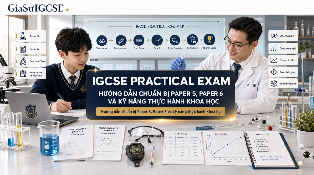 IGCSE Practical Exam là phần đánh giá kỹ năng thực hành trong các môn Khoa học Cambridge IGCSE như Biology, Chemistry và Physics, thường thông qua Paper 5 Practical Test hoặc Paper 6 Alternative to Practical. Không chỉ kiểm tra việc làm thí nghiệm, phần thi này yêu cầu học sinh biết quan sát, ghi chép số liệu, xử lý dữ liệu, vẽ đồ thị, nhận diện sai số và thiết kế hoặc cải tiến thí nghiệm theo đúng scientific method. Bài viết này sẽ giúp học sinh hiểu rõ cấu trúc IGCSE Practical Exam, sự khác biệt giữa Paper 5 và Paper 6, cũng như cách chuẩn bị thông minh để tránh mất điểm trong kỳ thi 2026.