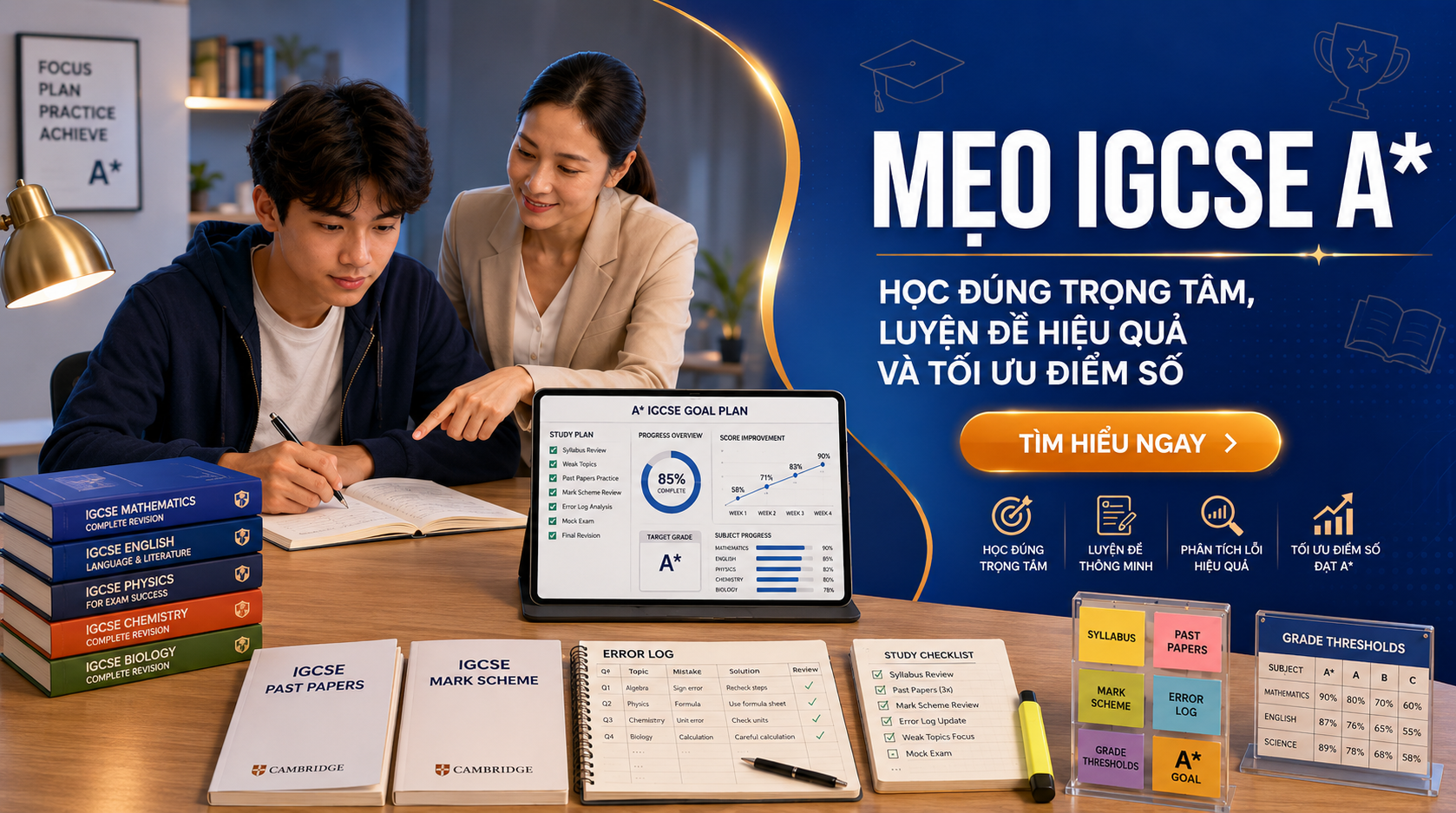 Mẹo IGCSE A* không phải là học thật nhiều hay cố đạt một tỷ lệ phần trăm cố định, mà là biết học đúng trọng tâm, bám sát syllabus và luyện đề theo đúng cấu trúc đánh giá của Cambridge. Để tiến gần mục tiêu A*, học sinh cần chọn môn phù hợp, sử dụng hiệu quả các tài liệu chính thức như learner guides, specimen papers, past papers và mark schemes, đồng thời phân tích lỗi sai theo từng môn, từng paper và từng dạng câu hỏi. Bài viết này sẽ giúp học sinh hiểu cách xây dựng chiến lược học IGCSE hiệu quả, tối ưu điểm số và chuẩn bị tốt hơn cho kỳ thi năm 2026.