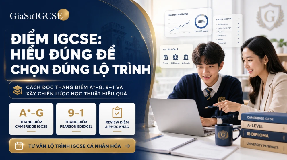 Điểm IGCSE là yếu tố quan trọng giúp phụ huynh và học sinh hiểu rõ năng lực học thuật, định hướng môn học phù hợp và chuẩn bị tốt cho các lộ trình A-Level, IB hoặc dự bị đại học. Tuy nhiên, để đọc đúng điểm IGCSE, học sinh cần hiểu sự khác biệt giữa thang điểm A*–G và 9–1, ý nghĩa của từng mức điểm, điểm U, bảng điểm chính thức cũng như thời điểm nên cân nhắc phúc khảo. Bài viết này từ GIASUIGCSE sẽ giúp phụ huynh và học sinh nắm rõ cách đọc điểm IGCSE và xây dựng chiến lược học tập hiệu quả hơn.