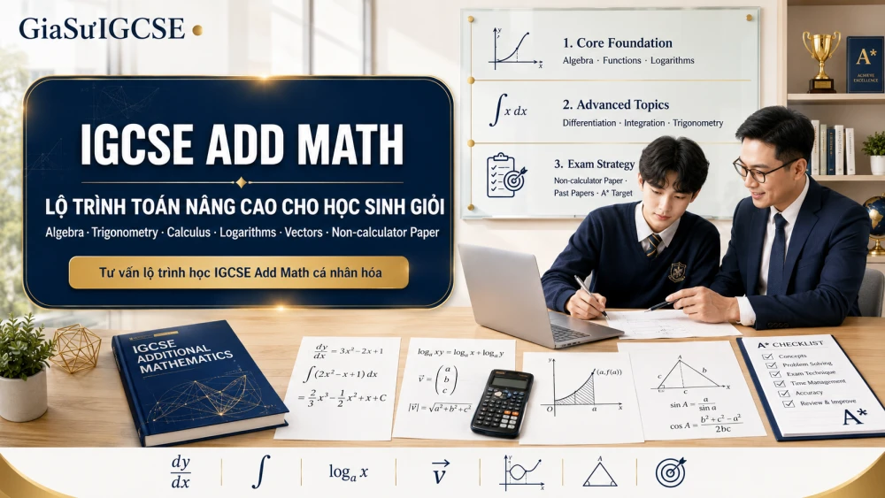 IGCSE Add Math là môn Cambridge IGCSE Additional Mathematics 0606 dành cho học sinh có năng lực Toán tốt, muốn xây nền tảng vững chắc trước khi học AS & A Level Mathematics, IB Mathematics hoặc các ngành STEM. Khác với IGCSE Mathematics 0580, Add Math yêu cầu tư duy đại số chặt chẽ hơn, khả năng biến đổi sạch hơn và năng lực xử lý các chủ đề nâng cao như Differentiation, Integration, Logarithms, Circular Measure, Binomial Expansion, Permutations and Combinations và Trigonometry. Vì vậy, để học tốt IGCSE Add Math, học sinh không nên chỉ luyện đề sớm mà cần có lộ trình bài bản: củng cố nền 0580, làm chủ kỹ thuật biến đổi, học sâu từng chuyên đề và rèn kỹ năng làm bài non-calculator theo syllabus Cambridge 2025–2027.