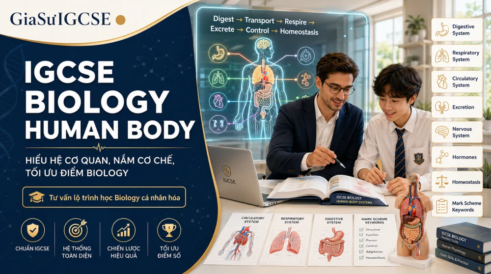 IGCSE Biology Human Body là nhóm kiến thức quan trọng trong Cambridge IGCSE Biology 0610, bao gồm các chủ đề như dinh dưỡng, vận chuyển, hô hấp, trao đổi khí, bài tiết, điều hòa thần kinh – hormone, sinh sản và cân bằng nội môi. Đây không chỉ là phần học thuộc về cơ thể người, mà còn là nền tảng giúp học sinh hiểu cách các hệ cơ quan phối hợp, giải thích cơ chế sinh học và vận dụng thuật ngữ khoa học chính xác trong bài thi. Bài viết dưới đây sẽ giúp học sinh và phụ huynh nắm rõ cách học Human Body một cách hệ thống, tránh lỗi mất điểm thường gặp và xây dựng chiến lược ôn thi IGCSE Biology hiệu quả theo syllabus mới.