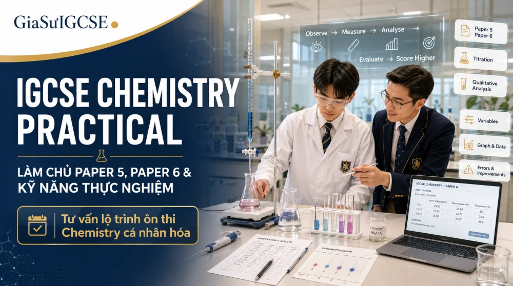 IGCSE Chemistry Practical là phần đánh giá quan trọng trong Cambridge IGCSE Chemistry 0620, chiếm 20% tổng điểm và kiểm tra trực tiếp năng lực thực nghiệm của học sinh thông qua Paper 5 hoặc Paper 6. Không chỉ yêu cầu ghi nhớ kiến thức Hóa học, phần thi này đòi hỏi học sinh biết đọc số liệu, xử lý kết quả, kiểm soát biến, đánh giá sai số và đưa ra kết luận khoa học có căn cứ. Bài viết dưới đây sẽ giúp phụ huynh và học sinh hiểu rõ cấu trúc, kỹ năng trọng tâm và chiến lược ôn luyện IGCSE Chemistry Practical hiệu quả theo định hướng syllabus mới.