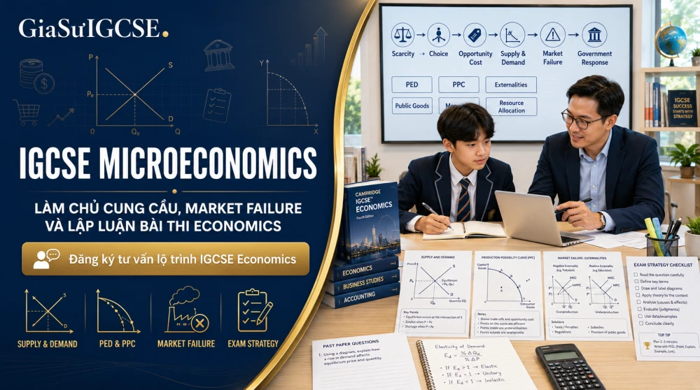 IGCSE Microeconomics là phần học quan trọng trong Cambridge IGCSE Economics 0455, giúp học sinh hiểu cách thị trường vận hành, cách nguồn lực được phân bổ và vì sao chính phủ cần can thiệp khi xảy ra market failure. Không chỉ dừng ở biểu đồ cung – cầu, phần Microeconomics còn yêu cầu học sinh biết phân tích hành vi người tiêu dùng, doanh nghiệp, elasticity, externalities, public goods, monopoly và các dạng cấu trúc thị trường. Bài viết này sẽ hướng dẫn học sinh cách học IGCSE Microeconomics theo hệ thống, biến khái niệm kinh tế thành lập luận bài thi rõ ràng, từ đó xây chiến thuật làm bài hiệu quả và hướng tới điểm A/A*.