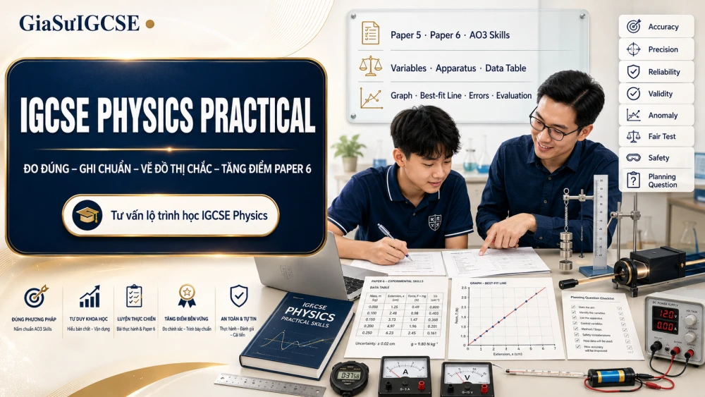 IGCSE Physics Practical là phần đánh giá kỹ năng thực nghiệm quan trọng trong Cambridge IGCSE Physics 0625, thường xuất hiện qua Paper 5 Practical Test hoặc Paper 6 Alternative to Practical. Để làm tốt phần này, học sinh không chỉ cần biết quy trình thí nghiệm, mà còn phải hiểu cách đo đạc, ghi bảng số liệu, vẽ đồ thị, xử lý sai số, phân biệt accuracy – precision và thiết kế fair test với independent, dependent và controlled variables rõ ràng. Bài viết này sẽ giúp học sinh hệ thống lại kỹ năng làm bài IGCSE Physics Practical một cách dễ hiểu, thực tế và bám sát định hướng thi Cambridge 2026–2028.