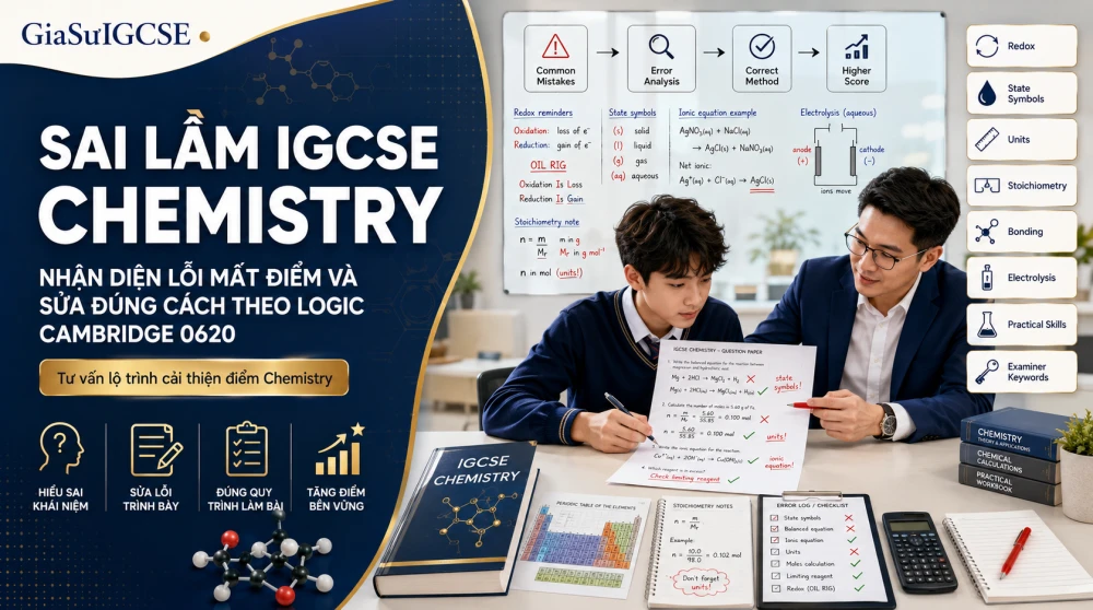 Sai lầm IGCSE Chemistry không chỉ đến từ việc học sinh thiếu kiến thức, mà thường xuất phát từ hiểu sai bản chất, trình bày thiếu ý và làm bài không đúng logic chấm điểm của Cambridge IGCSE Chemistry 0620. Những lỗi như nhầm acid mạnh với acid đậm đặc, sai state symbols, thiếu đơn vị, làm tròn quá sớm trong stoichiometry hay trả lời practical skills theo trí nhớ rời rạc đều có thể khiến học sinh mất điểm đáng tiếc. Với cách tiếp cận bám sát syllabus 2026–2028, GIASUIGCSE giúp học sinh nhận diện lỗi phổ biến, hiểu vì sao sai và xây chiến lược sửa lỗi để cải thiện điểm Chemistry hiệu quả hơn.