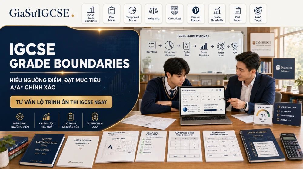 IGCSE Grade Boundaries là ngưỡng điểm giúp học sinh hiểu mình cần đạt bao nhiêu raw marks để được xếp vào từng mức điểm như A*, A, B hoặc C trong kỳ thi IGCSE. Tuy nhiên, grade boundaries không phải là một tỷ lệ phần trăm cố định cho mọi môn hay mọi năm, mà thay đổi theo độ khó đề thi, từng component, entry option và cách áp dụng weighting của syllabus. Trong bài viết này, GIASUIGCSE sẽ giúp phụ huynh và học sinh hiểu đúng IGCSE Grade Boundaries, cách đọc bảng ngưỡng điểm Cambridge và Pearson Edexcel, sự khác biệt giữa raw marks – component marks – overall grade, cũng như cách dùng grade boundaries để đặt mục tiêu học tập chính xác và xây dựng chiến lược ôn thi hiệu quả.