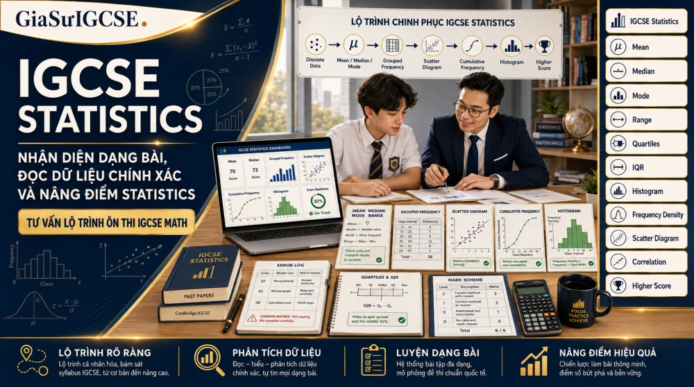 IGCSE Statistics là chuyên đề quan trọng trong IGCSE Mathematics, giúp học sinh đọc hiểu dữ liệu, tính toán các đại lượng thống kê và diễn giải kết quả từ bảng, biểu đồ và đồ thị. Với nhiều năm kinh nghiệm đồng hành cùng học sinh quốc tế, GIASUIGCSE phân tích các dạng bài IGCSE Statistics thường gặp, từ Mean, Median, Mode, Range đến Scatter Diagrams, Cumulative Frequency, Histogram và Frequency Density, giúp học sinh nhận diện đúng dạng câu hỏi, tránh lỗi mất điểm và tối ưu chiến lược ôn thi.