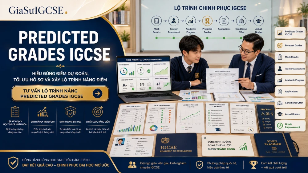 Predicted Grades IGCSE là điểm dự đoán phản ánh mức kết quả mà giáo viên hoặc nhà trường kỳ vọng học sinh có thể đạt được trong kỳ thi IGCSE, dựa trên quá trình học, bài kiểm tra, mock results và mức độ ổn định học thuật. Với hơn 7 năm kinh nghiệm đồng hành cùng học sinh quốc tế, GIASUIGCSE phân tích vai trò của predicted grades trong định hướng học tiếp sau IGCSE, hồ sơ chuyển cấp, university applications và cách học sinh có thể xây dựng nền tảng điểm dự đoán đáng tin cậy, sát năng lực thật.
