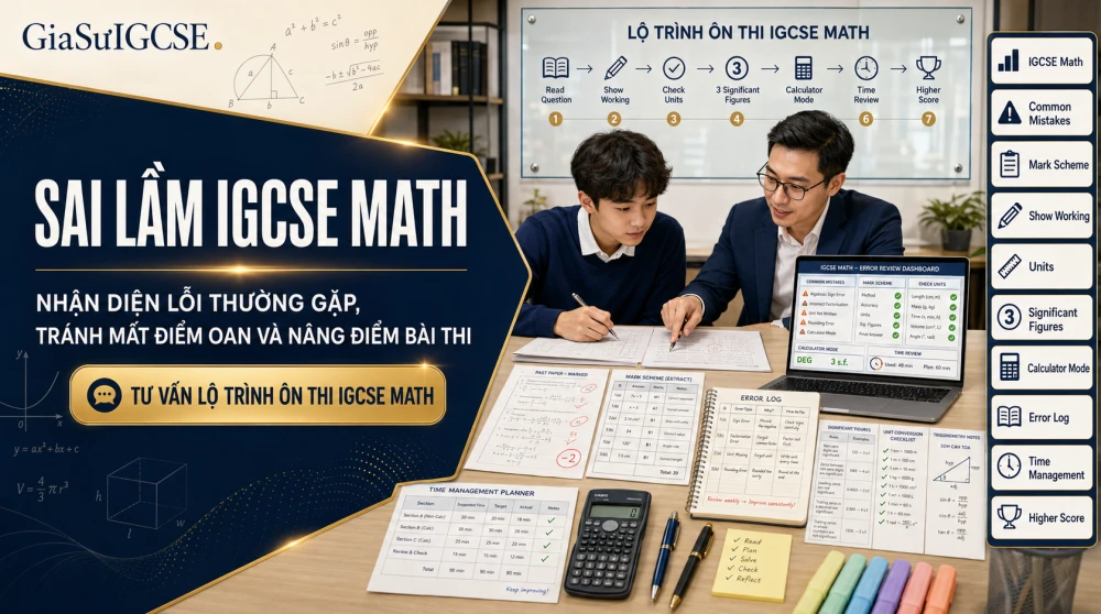 Sai Lầm IGCSE Math không chỉ đến từ việc học sinh thiếu kiến thức, mà còn xuất phát từ cách đọc đề, trình bày lời giải, làm tròn số, sử dụng đơn vị, bấm máy tính và quản lý thời gian trong phòng thi. Với hơn 7 năm kinh nghiệm đồng hành cùng học sinh quốc tế, GIASUIGCSE phân tích những lỗi thường gặp trong IGCSE Mathematics, cách examiner chấm theo marking scheme và chiến lược rèn exam technique để học sinh tránh mất điểm oan, tối ưu điểm số trong kỳ thi.