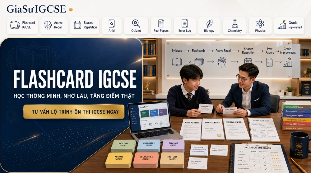 Flashcard IGCSE là công cụ học tập hiệu quả giúp học sinh ghi nhớ kiến thức lâu hơn, ôn tập gọn hơn và truy xuất thông tin nhanh hơn khi làm bài kiểm tra hoặc past papers. Thay vì chỉ đọc lại sách vở một cách thụ động, flashcard giúp học sinh luyện active recall, spaced repetition và hệ thống hóa kiến thức theo từng môn như Biology, Chemistry, Physics, Maths, Economics hay English. Trong bài viết này, GIASUIGCSE sẽ hướng dẫn phụ huynh và học sinh cách sử dụng Flashcard IGCSE đúng phương pháp, từ việc chọn môn phù hợp, tự làm flashcard, dùng Anki – Quizlet đến cách biến flashcard thành công cụ tăng điểm thật trong kỳ thi IGCSE.