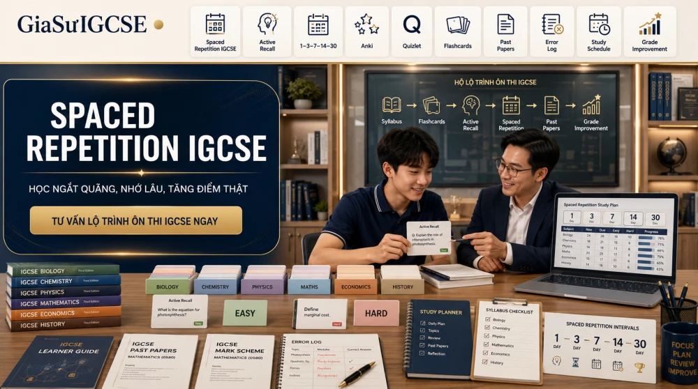 Spaced Repetition IGCSE là phương pháp học ngắt quãng giúp học sinh ghi nhớ kiến thức lâu hơn, ôn tập gọn hơn và truy xuất thông tin chính xác khi làm bài thi. Thay vì học dồn trước kiểm tra rồi nhanh chóng quên, spaced repetition xây dựng các chu kỳ ôn lại có chủ đích, giúp kiến thức từ Biology, Chemistry, Physics, Maths, Economics hay History được chuyển vào trí nhớ dài hạn. Trong bài viết này, GIASUIGCSE sẽ hướng dẫn cách áp dụng Spaced Repetition IGCSE đúng cách, kết hợp learner guides, flashcards, past papers, mark schemes và error log để biến việc ôn thi thành một hệ thống học tập bền vững và thực sự tạo ra điểm số.